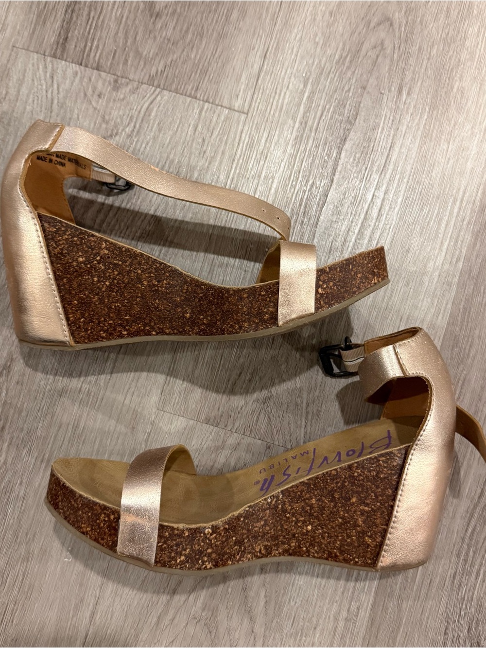 Women's Metallic Rose Gold Cork Wedge Sandals with Ankle Strap